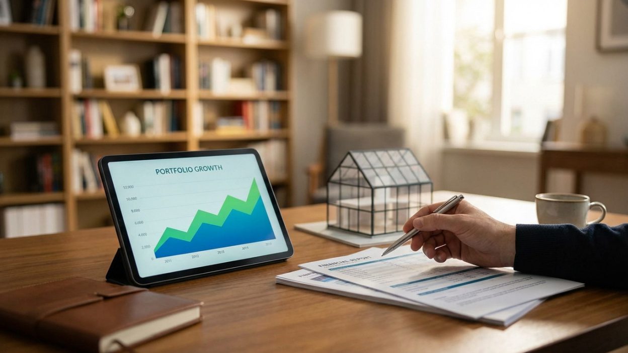 Person's hand reviews financial documents on a modern desk with a tablet showing portfolio growth, an architectural model, and a blurred bookshelf background.