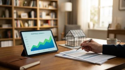 Person's hand reviews financial documents on a modern desk with a tablet showing portfolio growth, an architectural model, and a blurred bookshelf background.