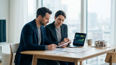 Two professionals analyze financial documents, a tablet showing EUR/CHF rates, and a house model, signifying future investment.