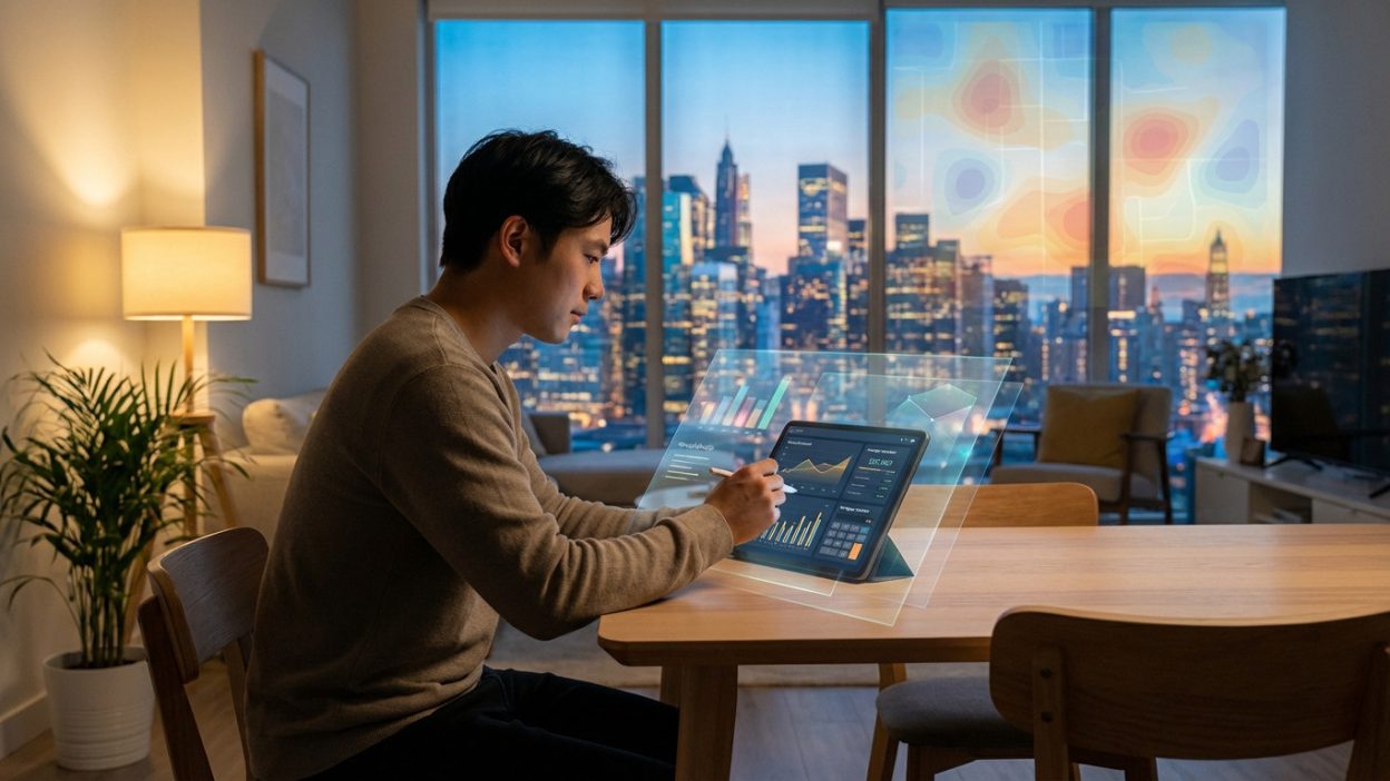 Young adult uses a tablet for financial planning in a modern apartment. City skyline at dusk with abstract data overlays.