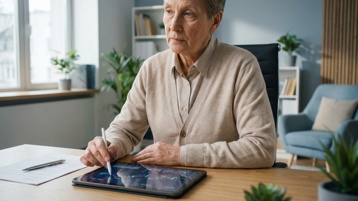 An older woman, in her 60s/70s, thoughtfully uses a stylus on a tablet displaying financial charts at a modern desk in a well-lit office.