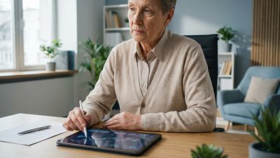 An older woman, in her 60s/70s, thoughtfully uses a stylus on a tablet displaying financial charts at a modern desk in a well-lit office.