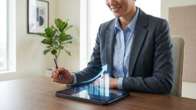 A confident professional smiles, holding a stylus, viewing an upward financial trend on a tablet in a modern office.