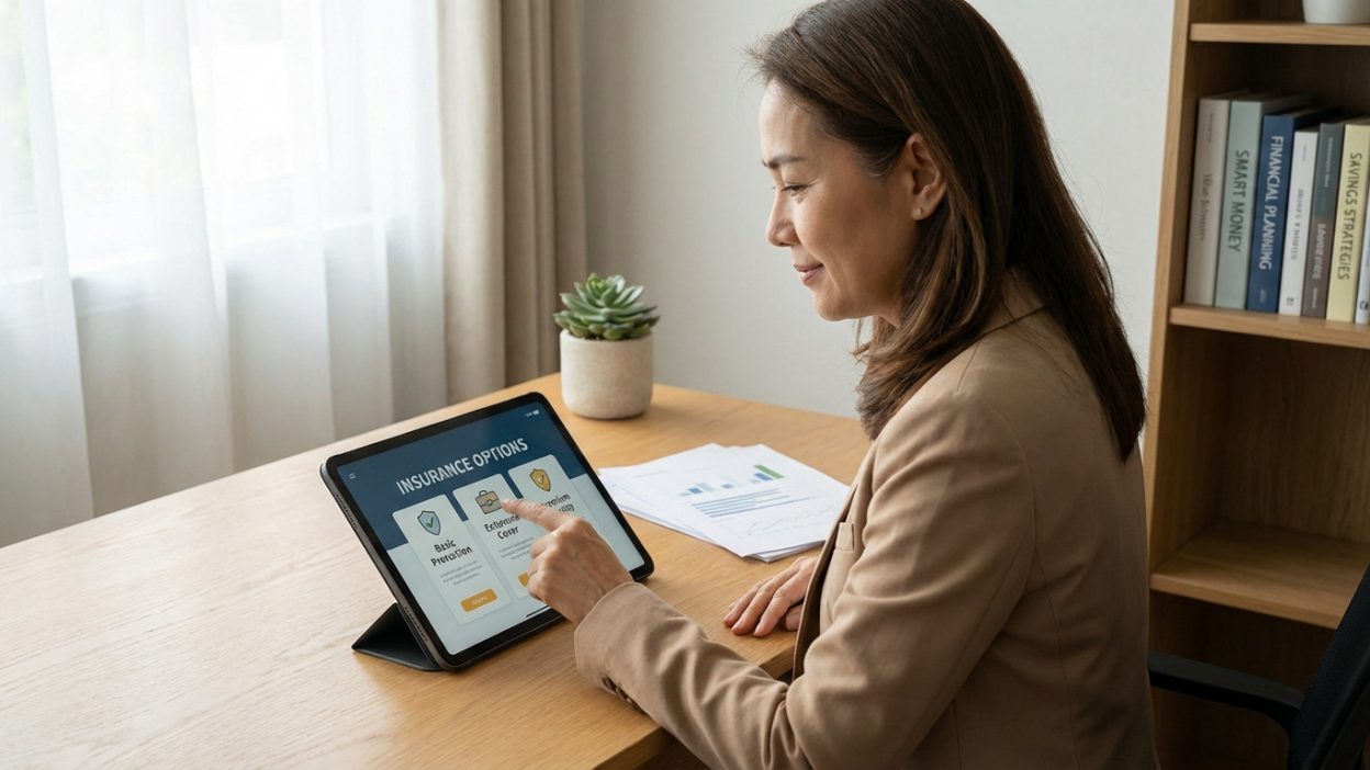 A calm woman selects insurance options on a tablet at a modern desk with financial books and a plant in the background.