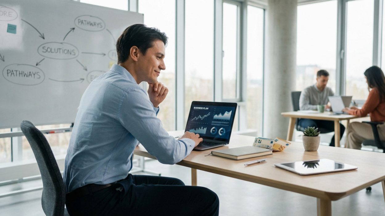 Entrepreneur analyzing financial data on laptop in modern co-working space. Desk has Euros, notebook, plant. Whiteboard shows solutions.