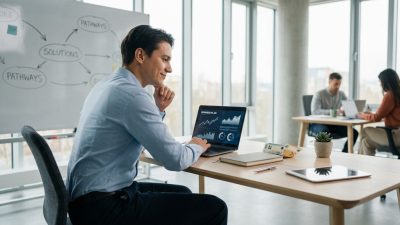 Entrepreneur analyzing financial data on laptop in modern co-working space. Desk has Euros, notebook, plant. Whiteboard shows solutions.