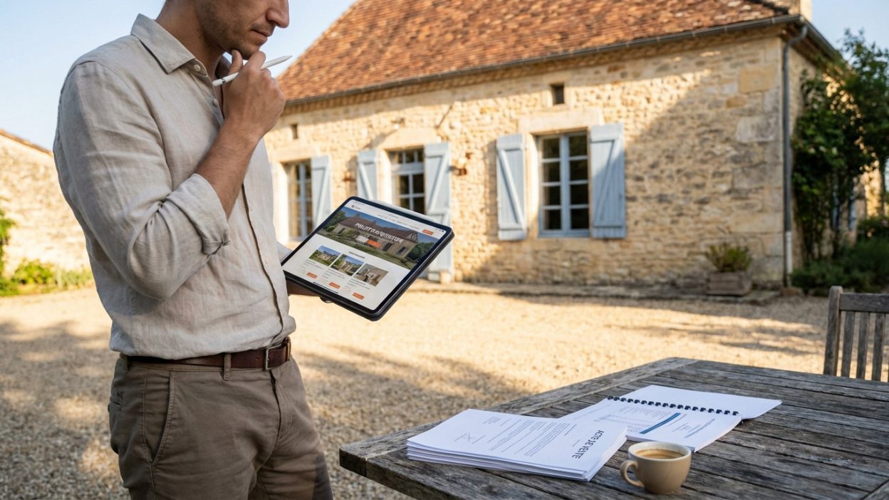 Man reviews property details on tablet with pen, standing before a French stone house with blue shutters. Documents and coffee on table.