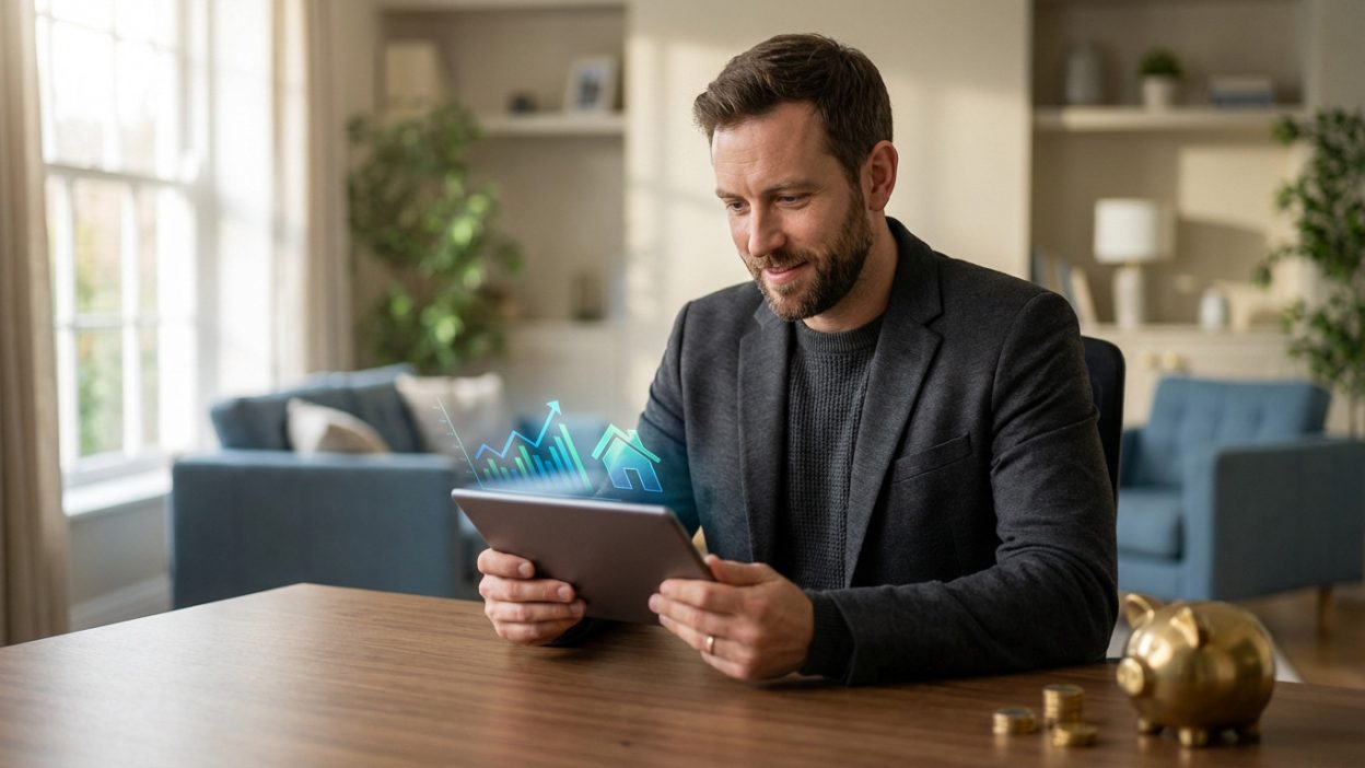 Man in home office reviews tablet showing financial growth charts and a house icon. Golden piggy bank and coins on desk, bright light.