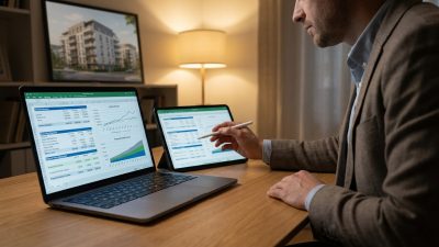 Professional analyzing financial data on laptop and tablet, showing income, expenses, and rental projections. A building rendering is in background.