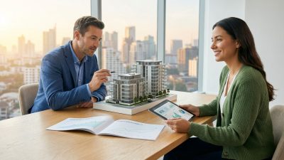 Two professionals discuss real estate investment with a building model, financial data on a tablet and documents, city skyline background.