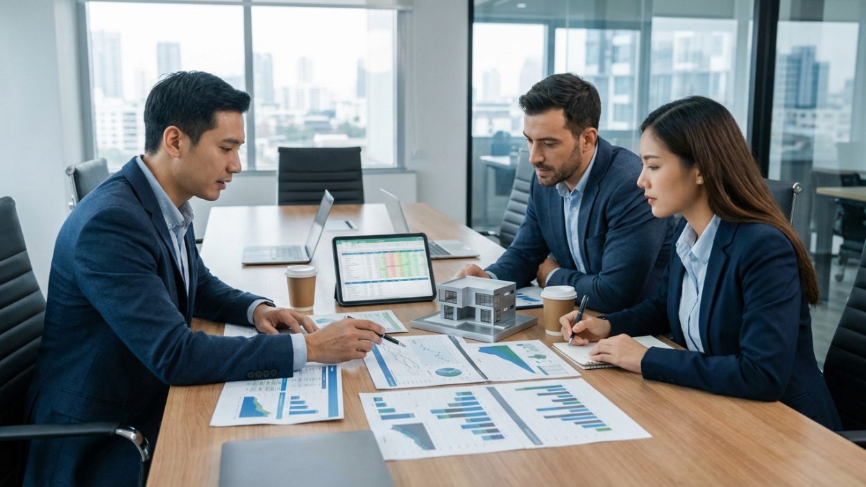 Business team in a modern office reviews financial data and a house model for strategic real estate investment planning.