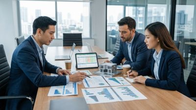 Business team in a modern office reviews financial data and a house model for strategic real estate investment planning.