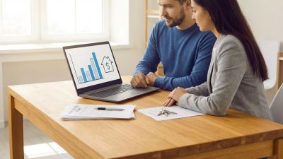 Man and woman discuss real estate plan, looking at a laptop with a financial graph and house icon. Keys and documents on desk.