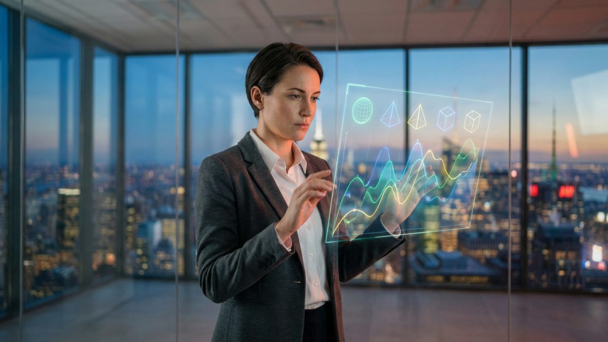Businesswoman in grey blazer views glowing holographic financial data, graphs, and shapes in a modern office with city skyline.