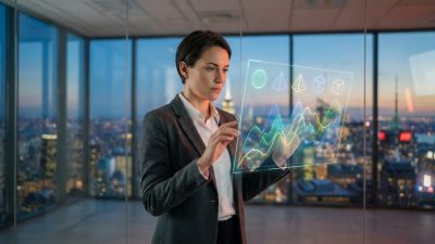 Businesswoman in grey blazer views glowing holographic financial data, graphs, and shapes in a modern office with city skyline.