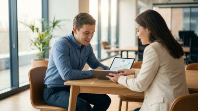Two people, a client and an advisor, smiling while reviewing a positive financial graph on a tablet in a bright office.
