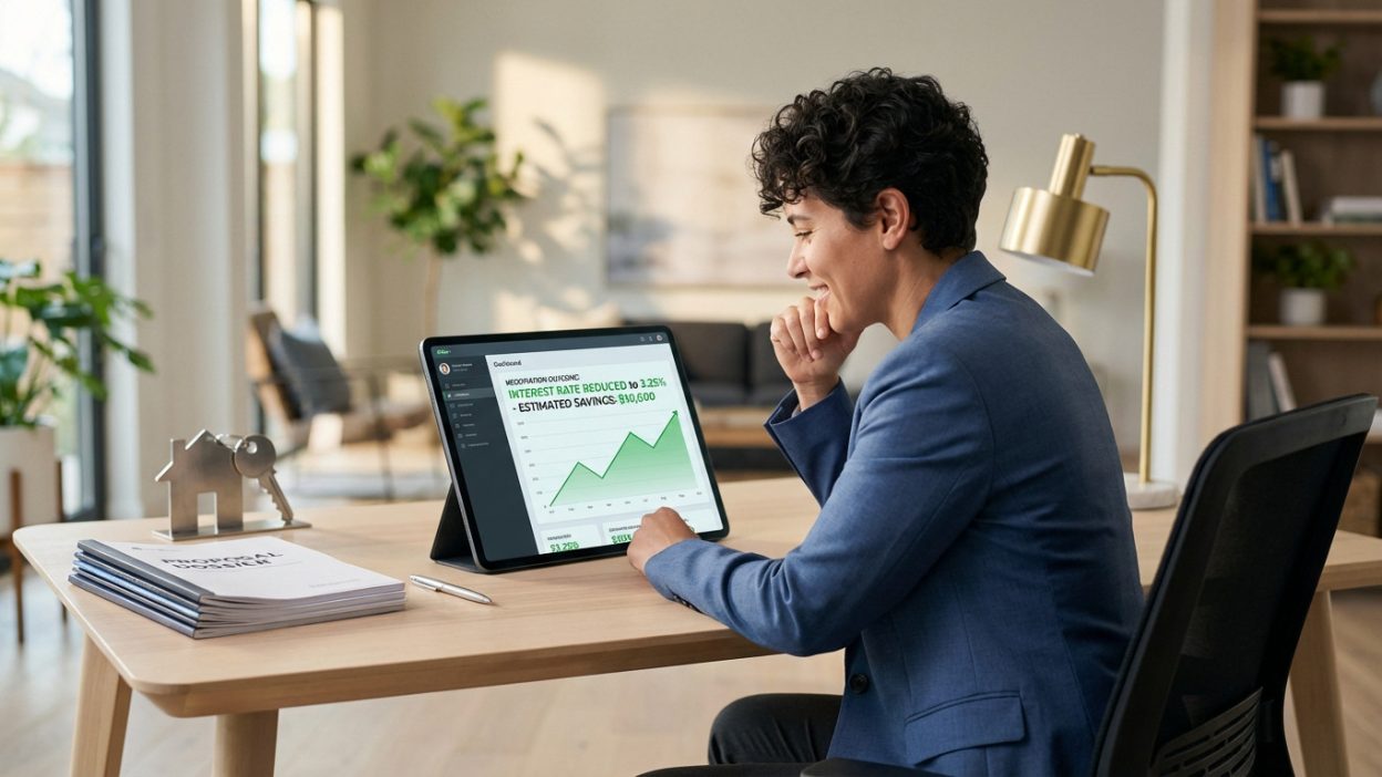 Gender-neutral individual smiling at tablet showing reduced interest rate & $30,600 savings. Desk has dossier & house symbol.
