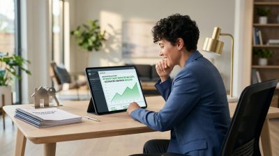 Gender-neutral individual smiling at tablet showing reduced interest rate & $30,600 savings. Desk has dossier & house symbol.