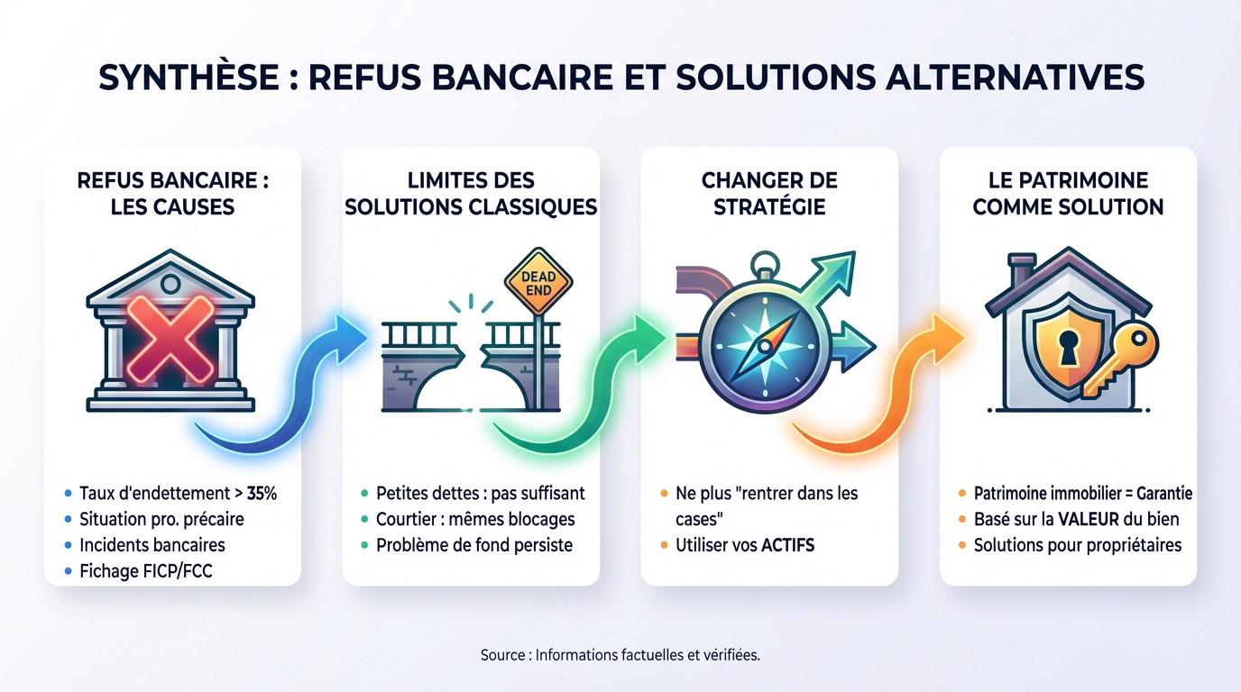 Schéma explicatif des causes de refus bancaire et des solutions alternatives basées sur le patrimoine
