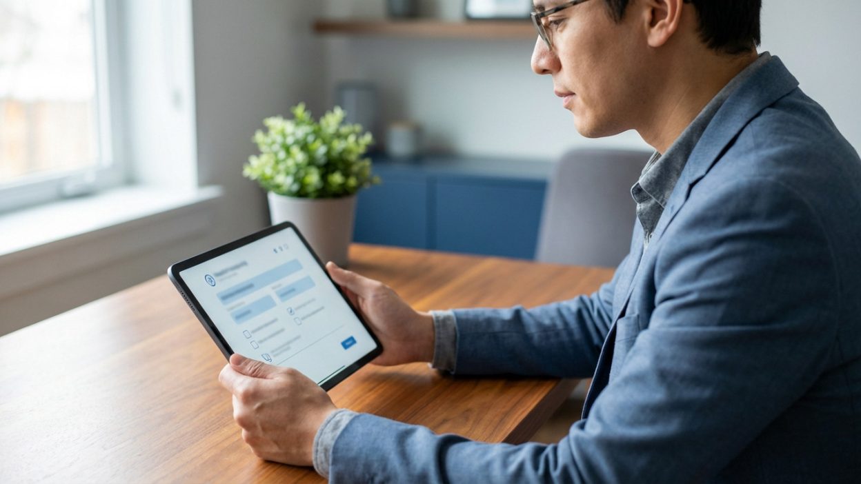 Man in blue blazer reviewing a digital health questionnaire on a tablet at a modern wooden desk, bathed in soft natural light.
