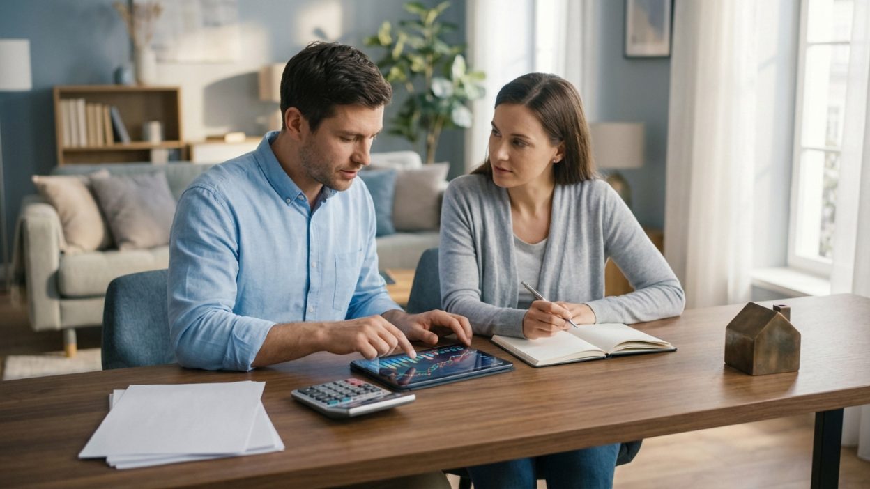 Man and woman reviewing financial data on a tablet with a calculator and notebook, planning for a mortgage.