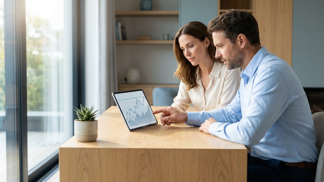 Man and woman in smart casual, intently reviewing financial graphs on a tablet at a modern desk, man pointing. Bright home office.