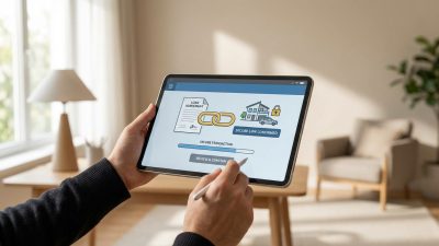 Des mains interagissent avec une tablette affichant un accord de prêt sécurisé pour un achat immobilier ou automobile, dans un cadre moderne.
