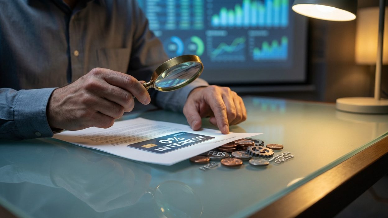Hands use a magnifying glass to scrutinize a '0% interest' offer, revealing hidden fees and coins on a glass table with financial charts in the background.