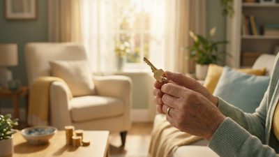 Mature hands gently hold a polished house key in a sunlit living room with blurred golden coins, symbolizing homeownership and financial peace.