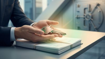Professional hands hold a house-shaped key over property documents. Blurred background shows a bank vault door. Warm glow symbolizes hope.