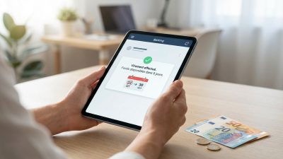 Mains tenant une tablette affichant 'Virement effectué. Fonds disponibles dans 8 jours.' avec un calendrier. Billets et pièces en euros sur la table.