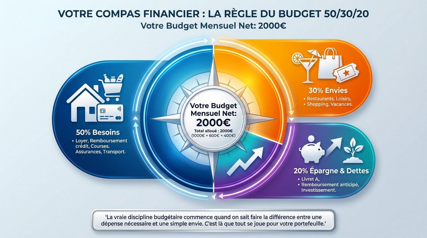 Schéma explicatif de la règle budgétaire 50/30/20 : besoins, envies et épargne