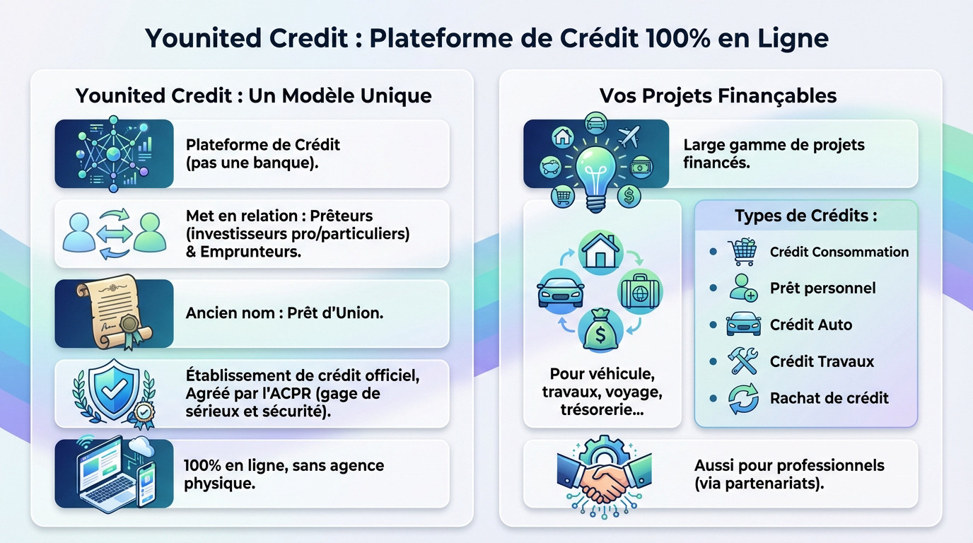 Illustration du modèle de crédit participatif de Younited Credit connectant investisseurs et emprunteurs